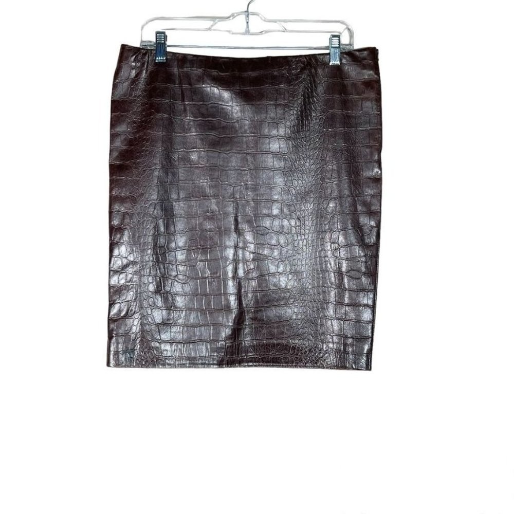 Oscar de la Renta Vintage Croc Embossed Leather Pencil Skirt Brown Lined Large